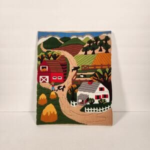 UNBRANDED Vintage 1980s Crewel Embroidery Farm At Harvest Unframed 11" x 14"